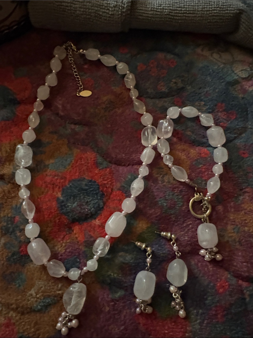 Rose Quartz Bead Necklace, Bracelet & Earring Set - Unbranded